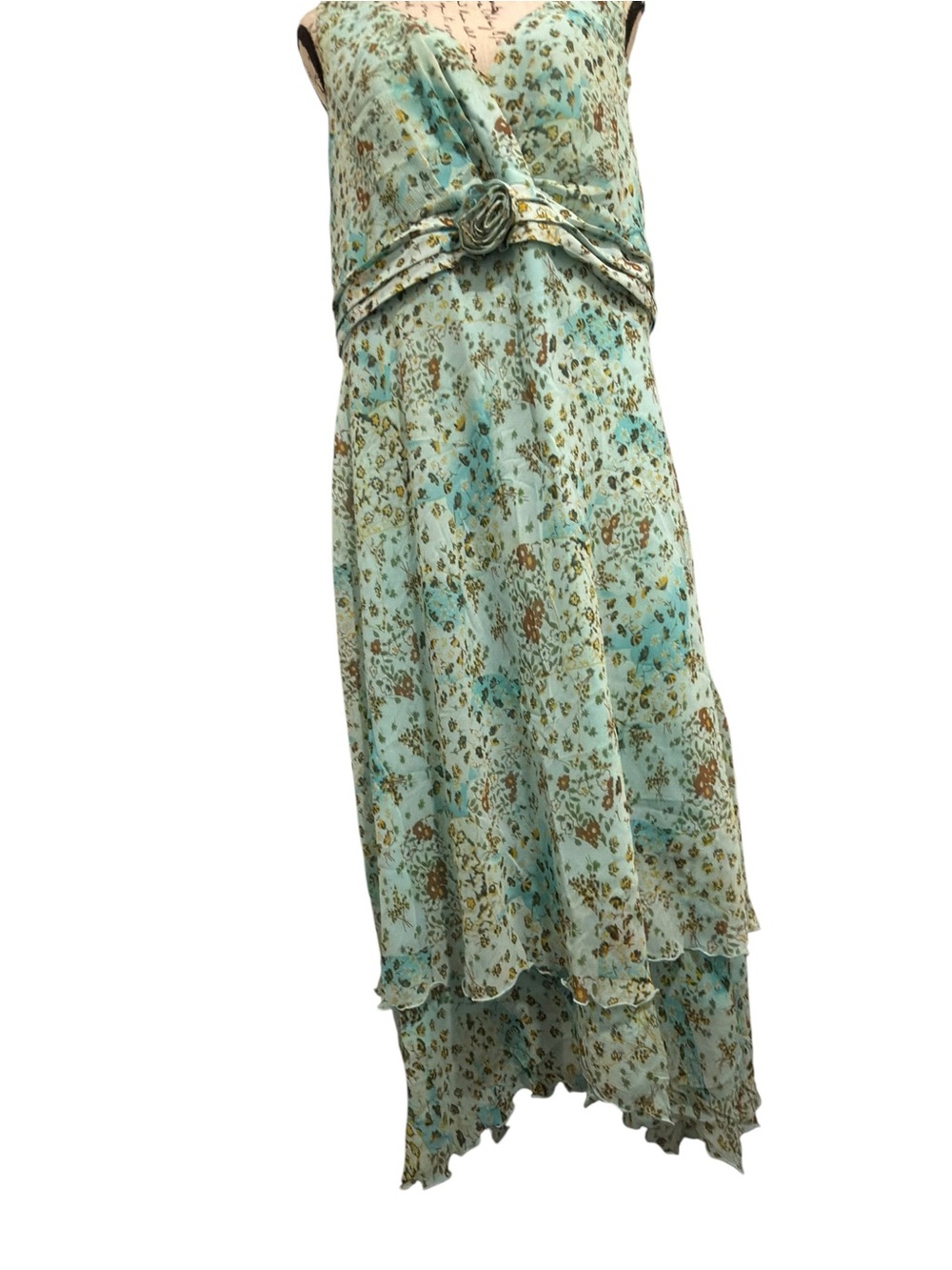 Vintage Fairy Dress Sleeveless Floral Mint Blue Green V-Neck Midi Double Ruffles